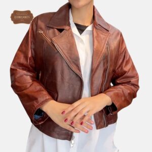 Women wearing brown biker jacket