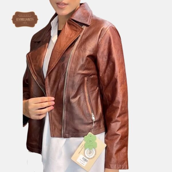 women wearing brown biker jacket side pose 2
